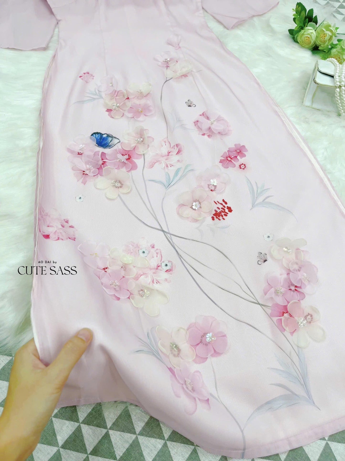 Light Pink 3D Branches Ao Dai Set 26C