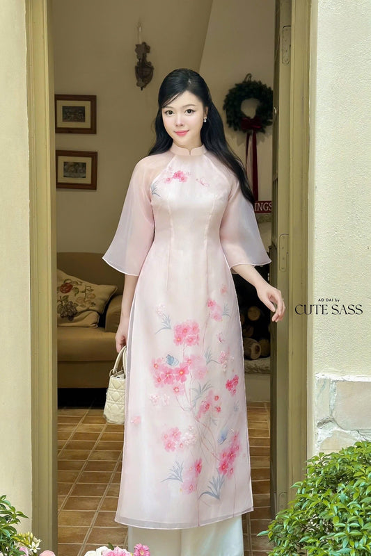 Light Pink 3D Branches Ao Dai Set 26C