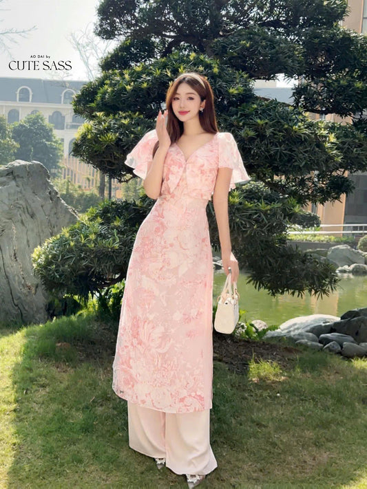 Pink Wing Sleeves Ao Dai Set 30C