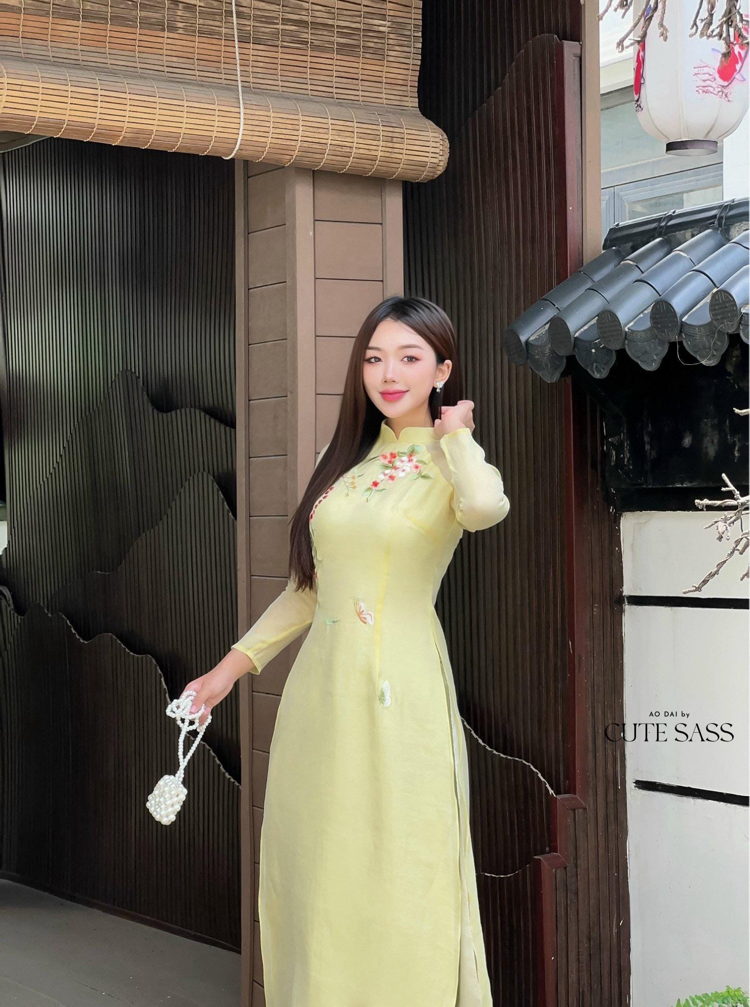 Lime Yellow Embroidery Linh Lan Ao Dai Set 25D