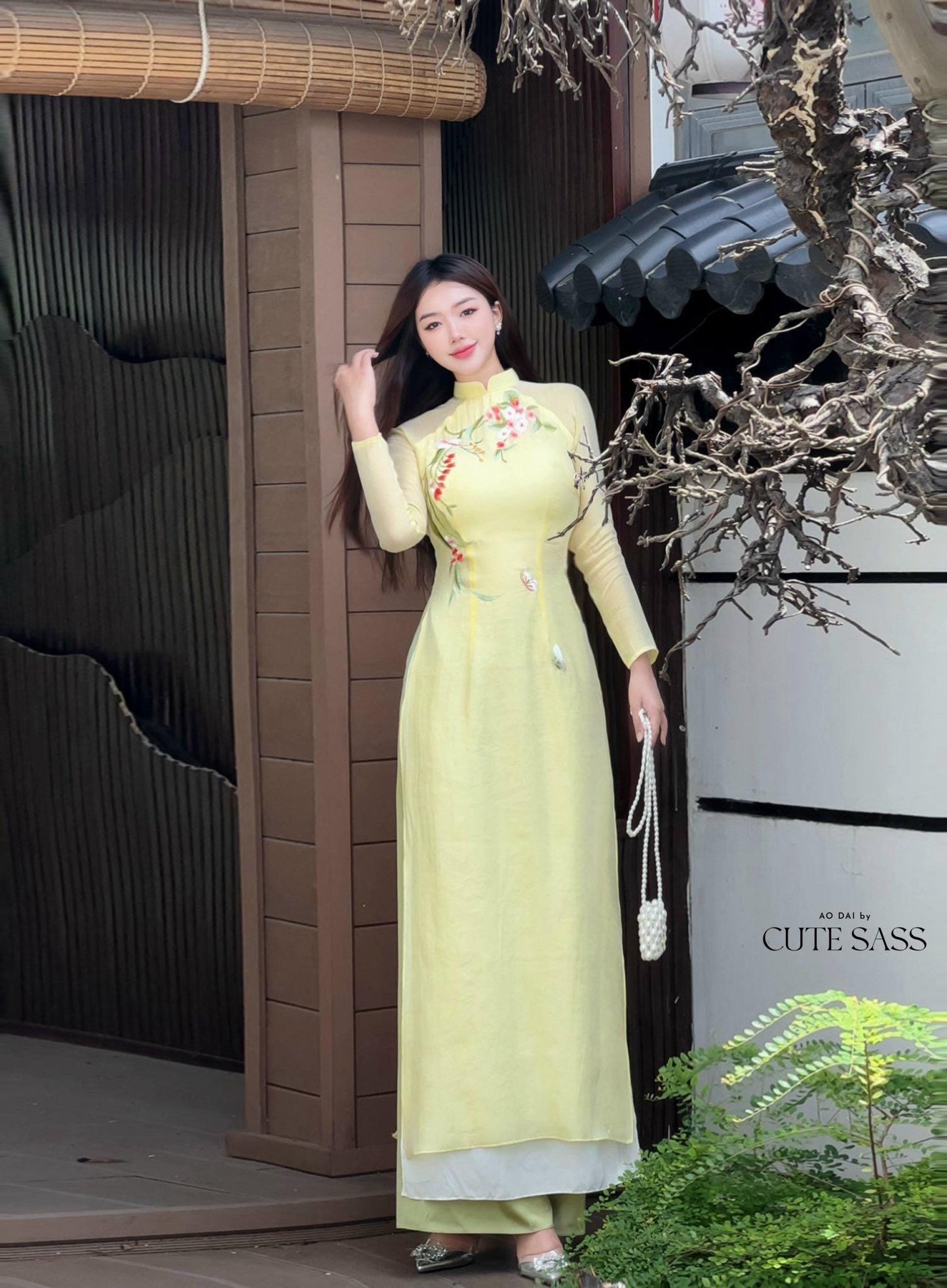 Lime Yellow Embroidery Linh Lan Ao Dai Set 25D