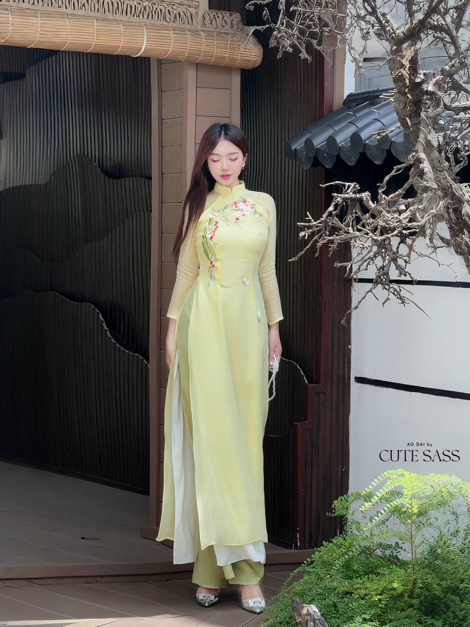 Lime Yellow Embroidery Linh Lan Ao Dai Set 25D