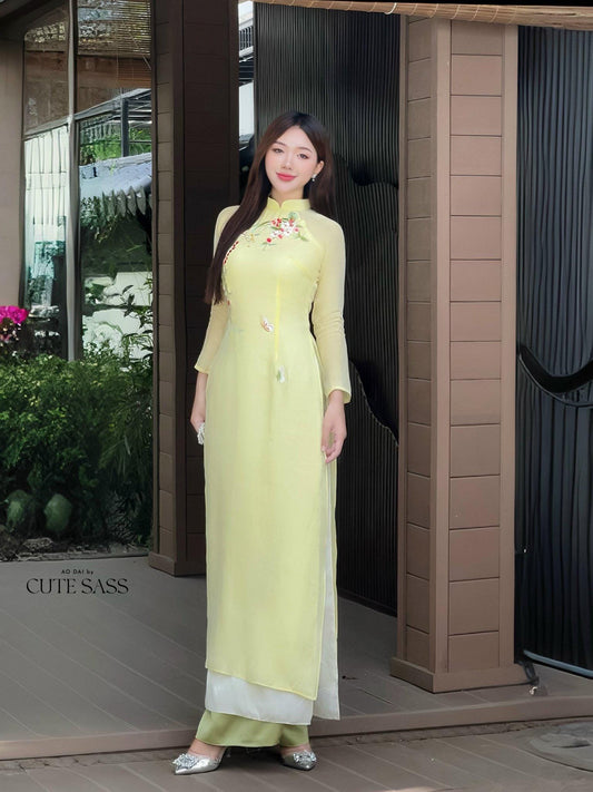 Lime Yellow Embroidery Linh Lan Ao Dai Set 25D