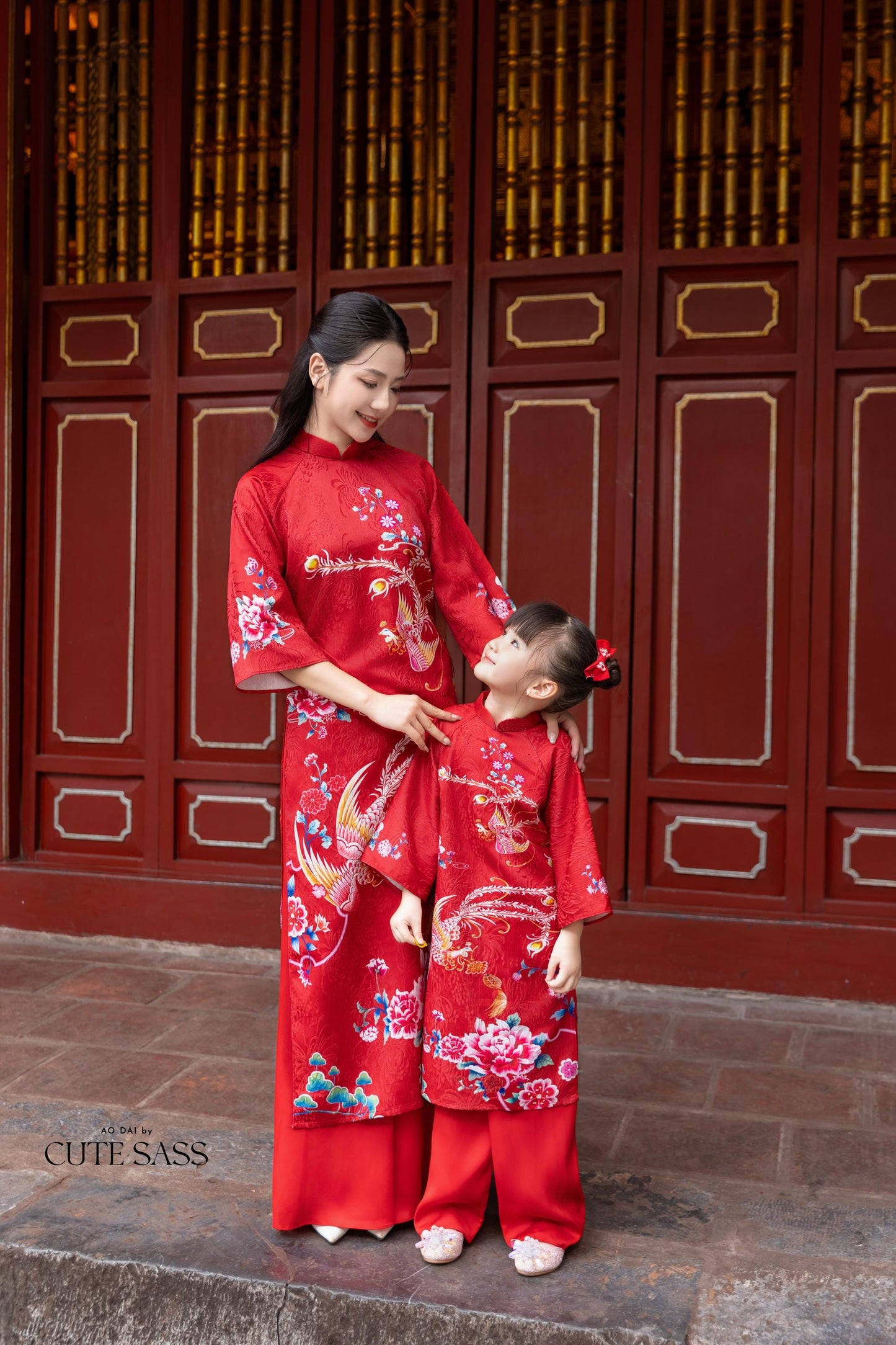 Mom and Daughter Red Vibrant Matching Ao Dai Set 31C