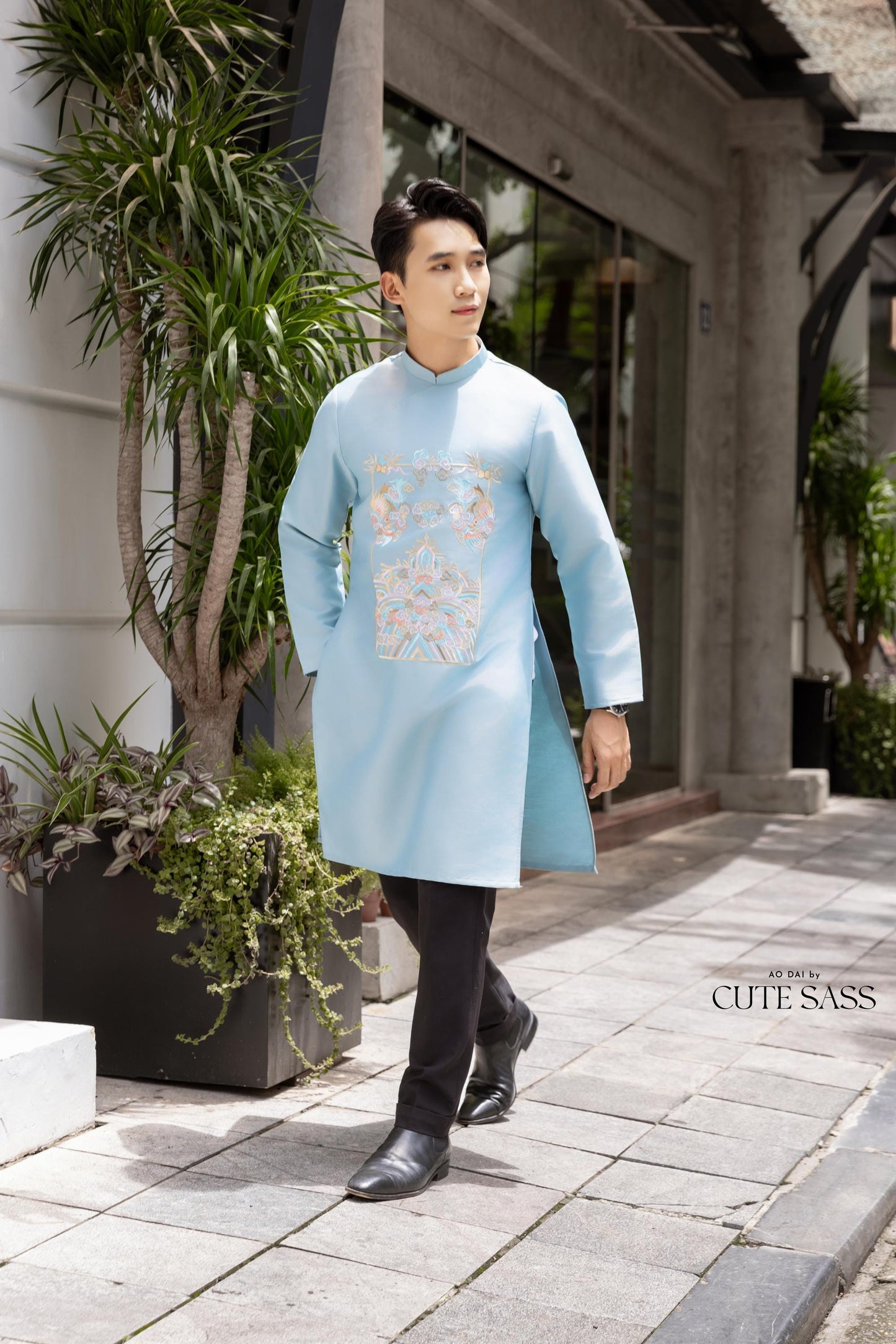 Men Light Blue Embroidered Clouds Ao Dai Gam Top 7A| Pre-made Traditional Vietnamese Ao Dai| Lunar New Year | Ao Dai for Dad | Ao Dai Tet|7A