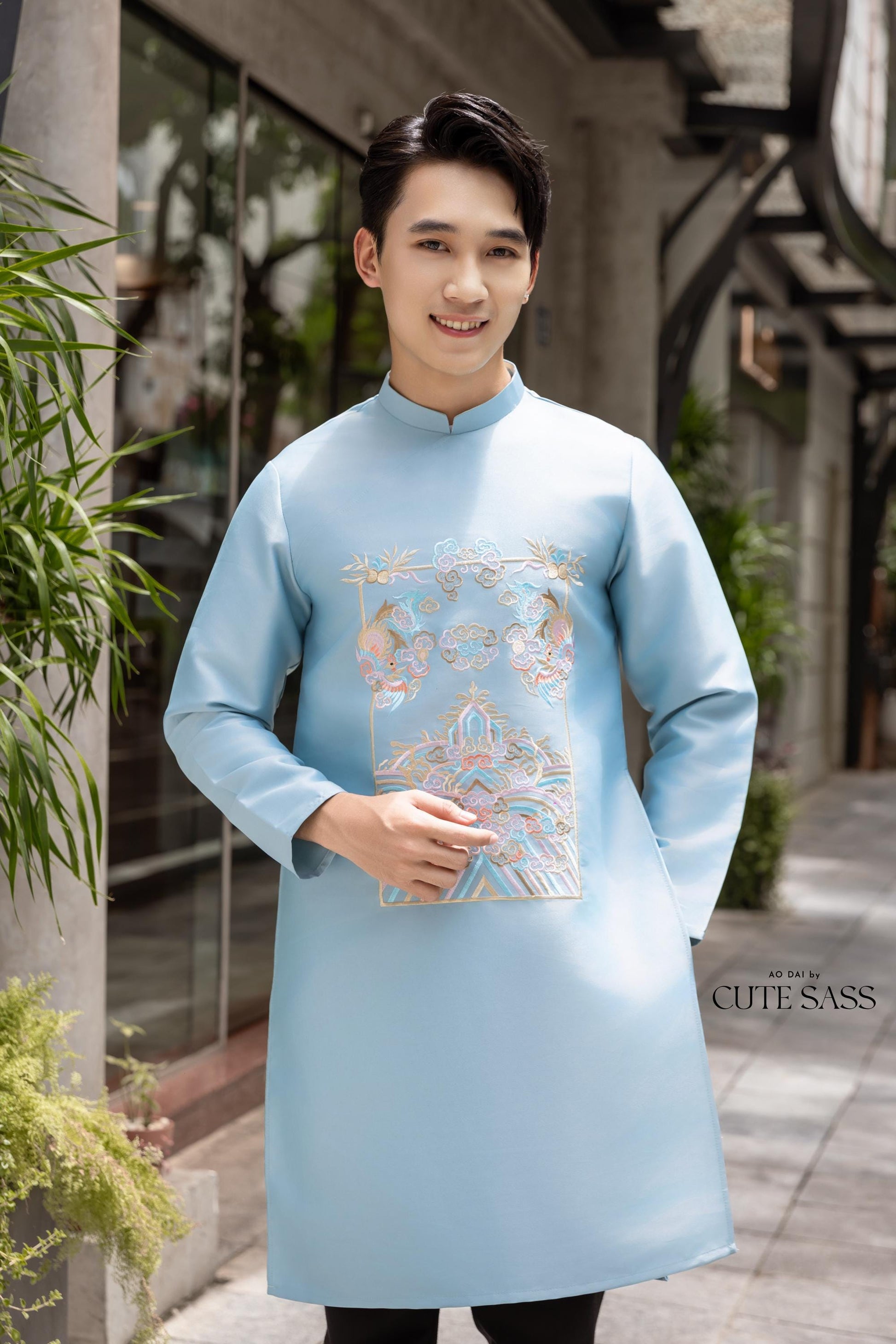 Men Light Blue Embroidered Clouds Ao Dai Gam Top 7A| Pre-made Traditional Vietnamese Ao Dai| Lunar New Year | Ao Dai for Dad | Ao Dai Tet|7A