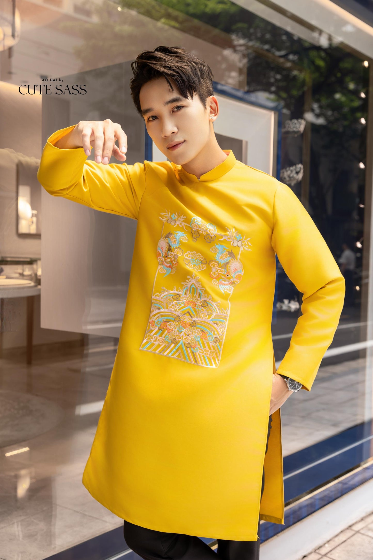 Men Yellow Embroidered Clouds Ao Dai Gam Top 7A| Pre-made Traditional Vietnamese Ao Dai| Lunar New Year | Ao Dai for Dad | Ao Dai Tet|7A