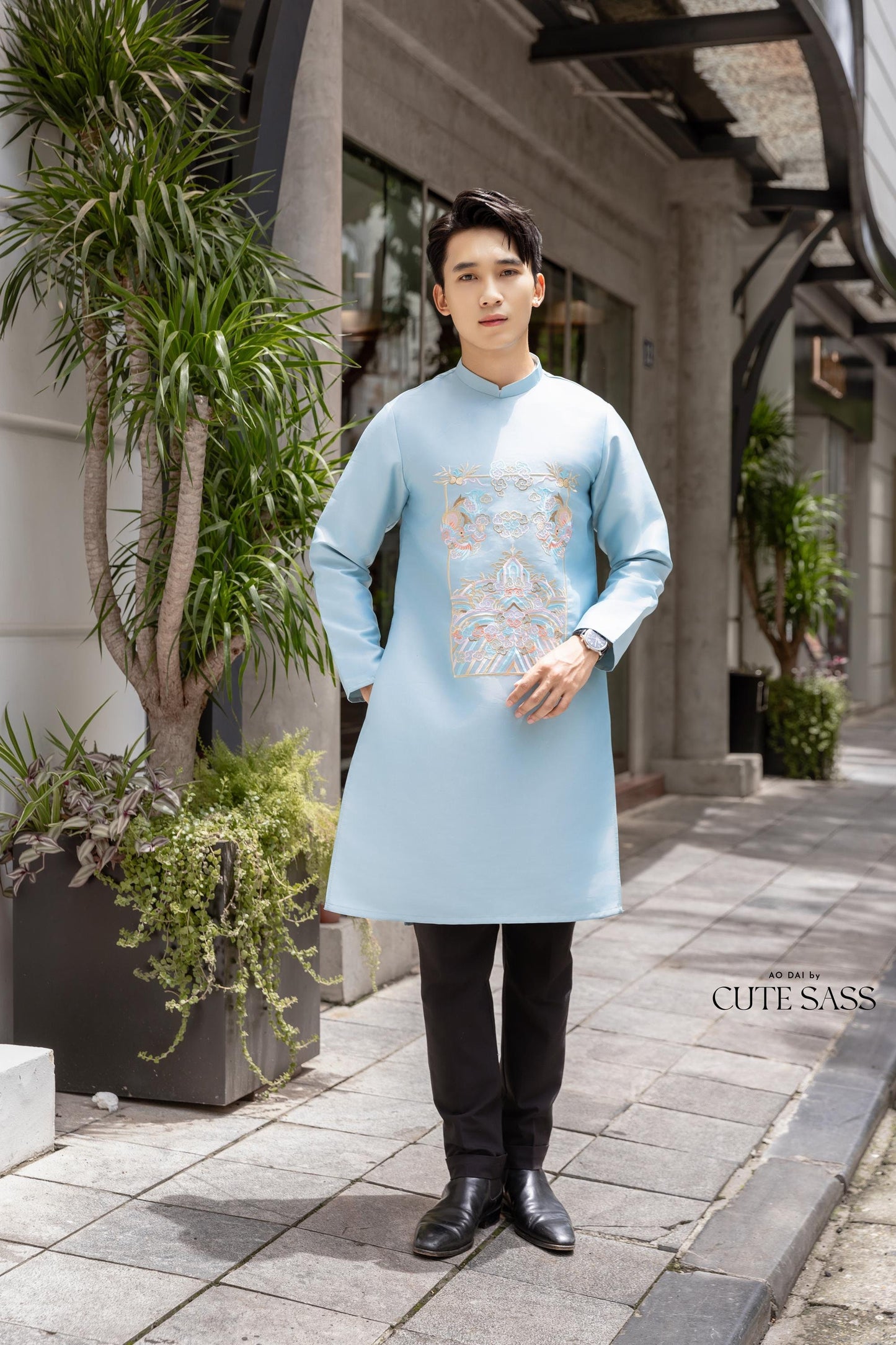 Men Light Blue Embroidered Clouds Ao Dai Gam Top 7A| Pre-made Traditional Vietnamese Ao Dai| Lunar New Year | Ao Dai for Dad | Ao Dai Tet|7A