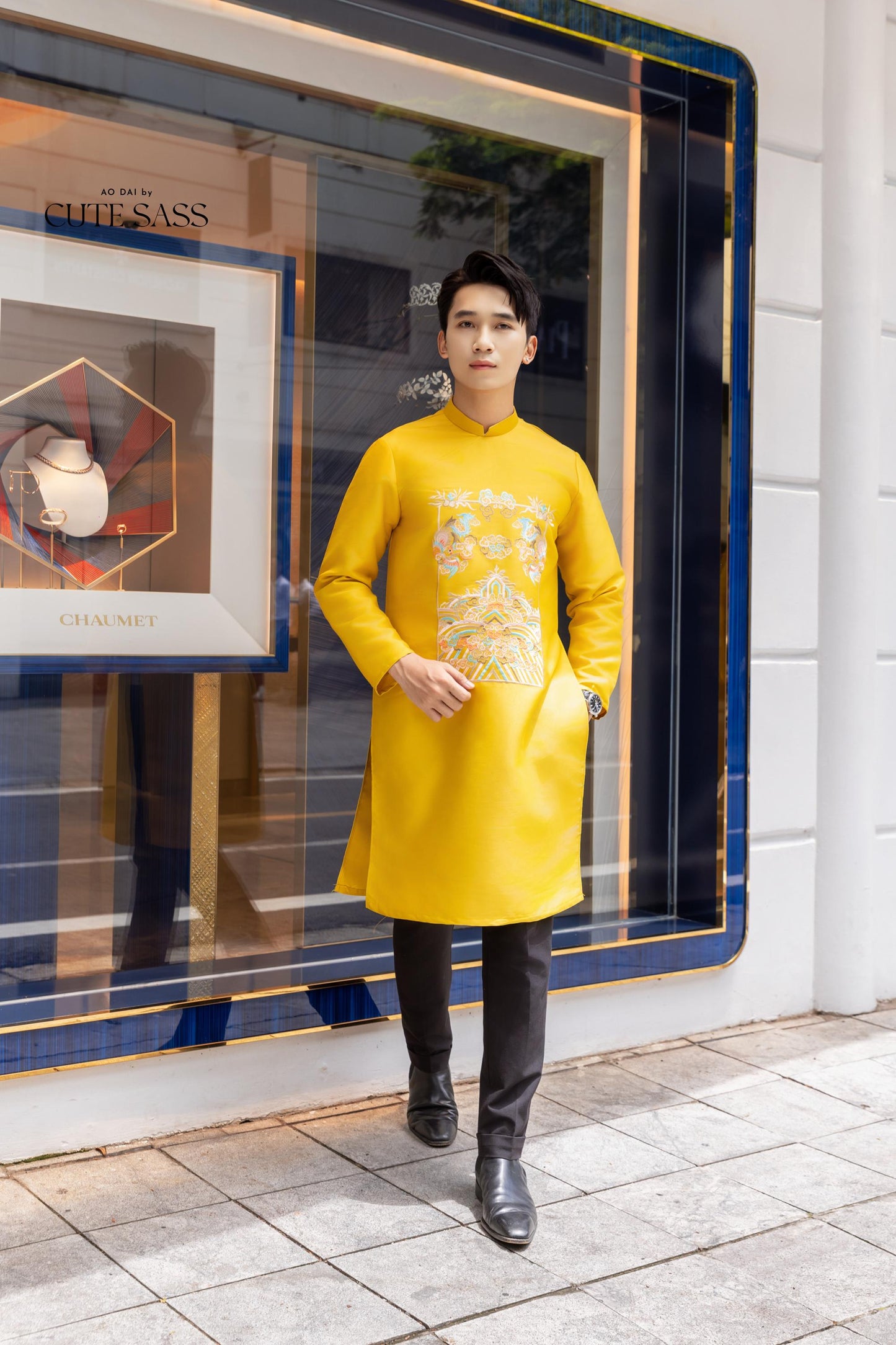 Men Yellow Embroidered Clouds Ao Dai Gam Top 7A| Pre-made Traditional Vietnamese Ao Dai| Lunar New Year | Ao Dai for Dad | Ao Dai Tet|7A