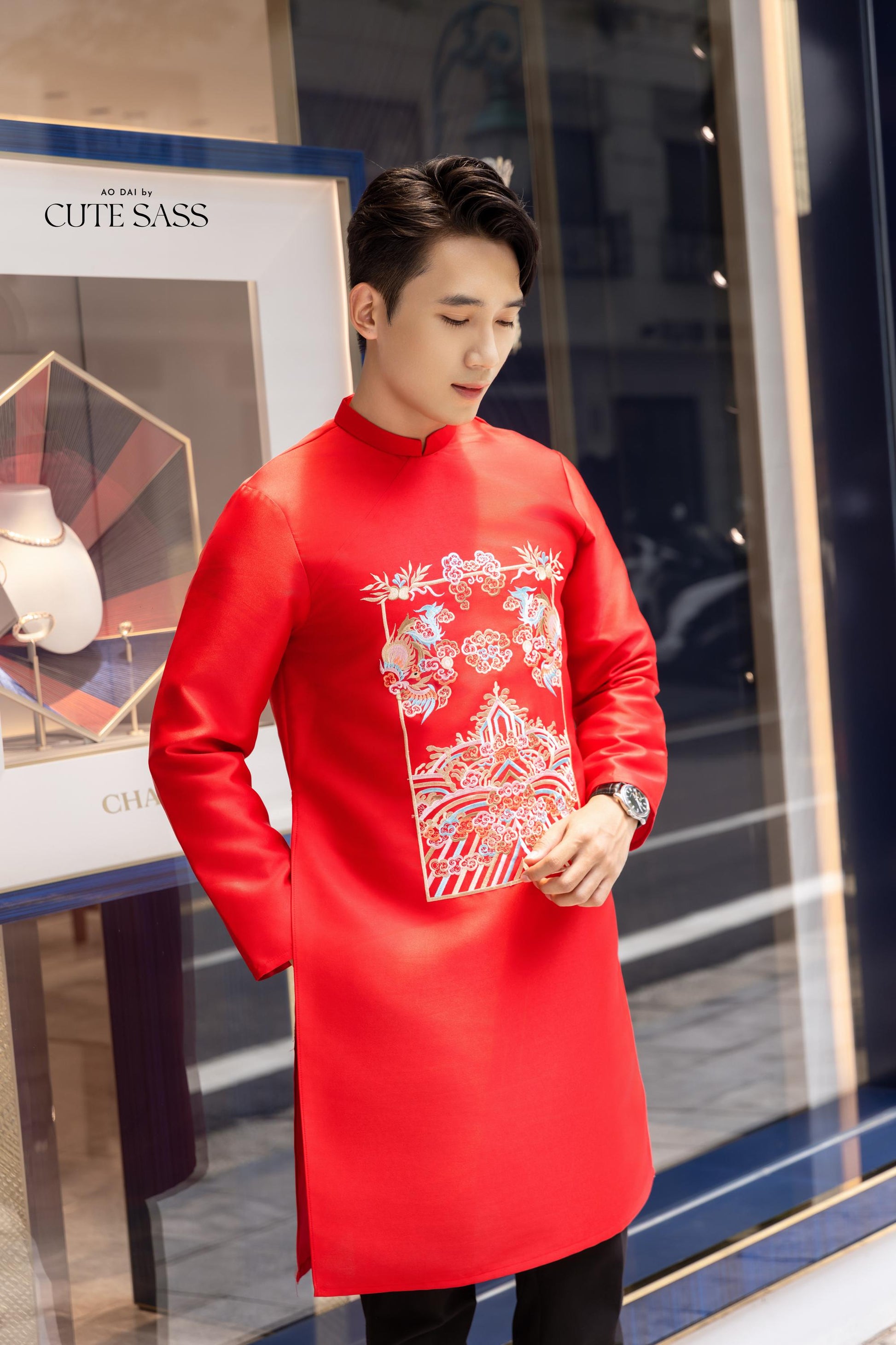 Men Red Embroidered Clouds Ao Dai Gam Top 7A| Pre-made Traditional Vietnamese Ao Dai| Lunar New Year | Ao Dai for Dad | Ao Dai Tet|7A