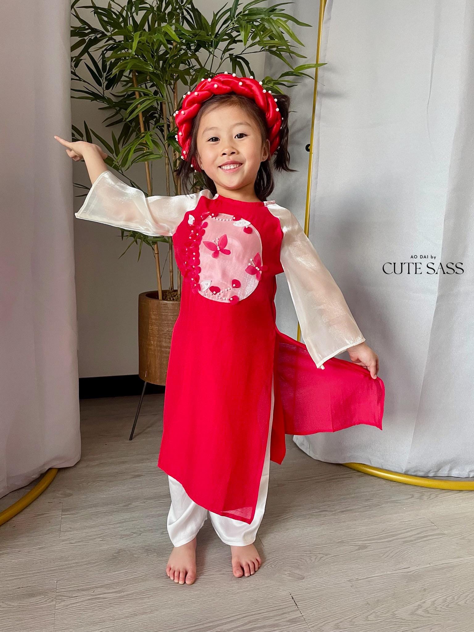 Girl Red/Pink Butterflies Ao Dai Set 24C-D