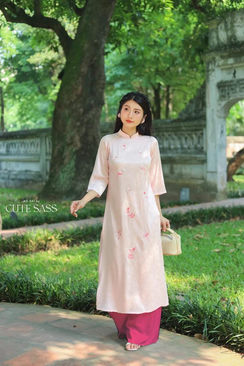 Light Pink Sakura Pearl Gấm Ao Dai Set w/ Hot Pink Gấm Pants