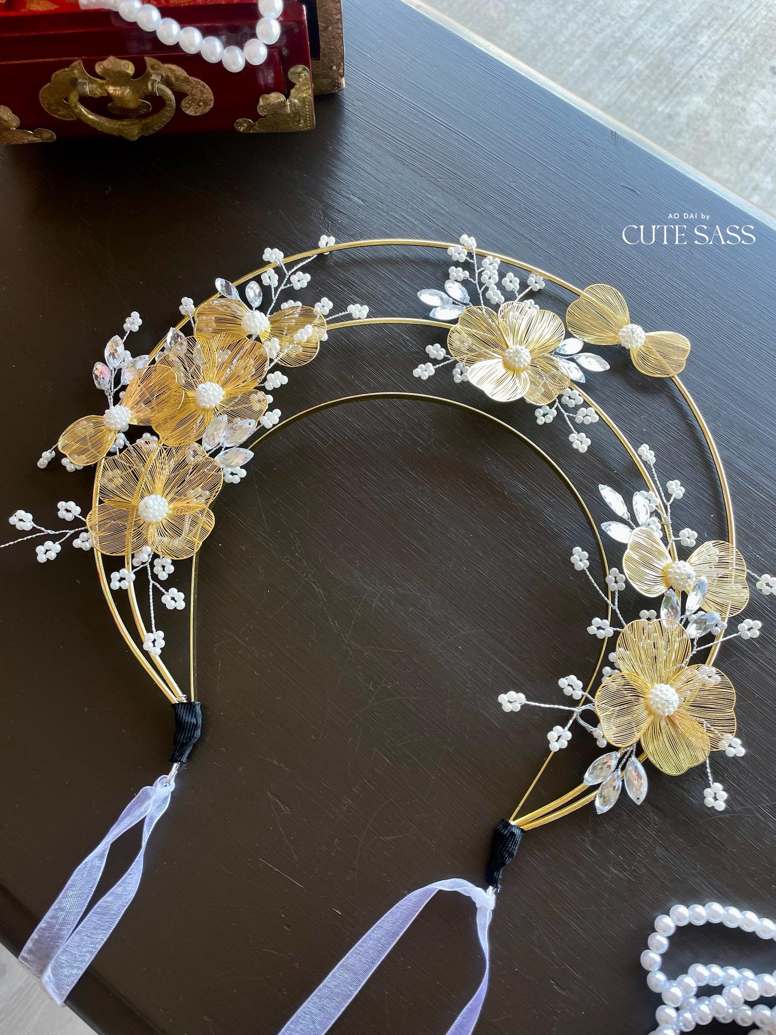 LUNA FLORA Gold Blossom Head Piece #7 | Vietnamese Ao Dai Accessories | Wedding Ao Dai | Bridal Ao Dai| Tet Lunar New Year Headband