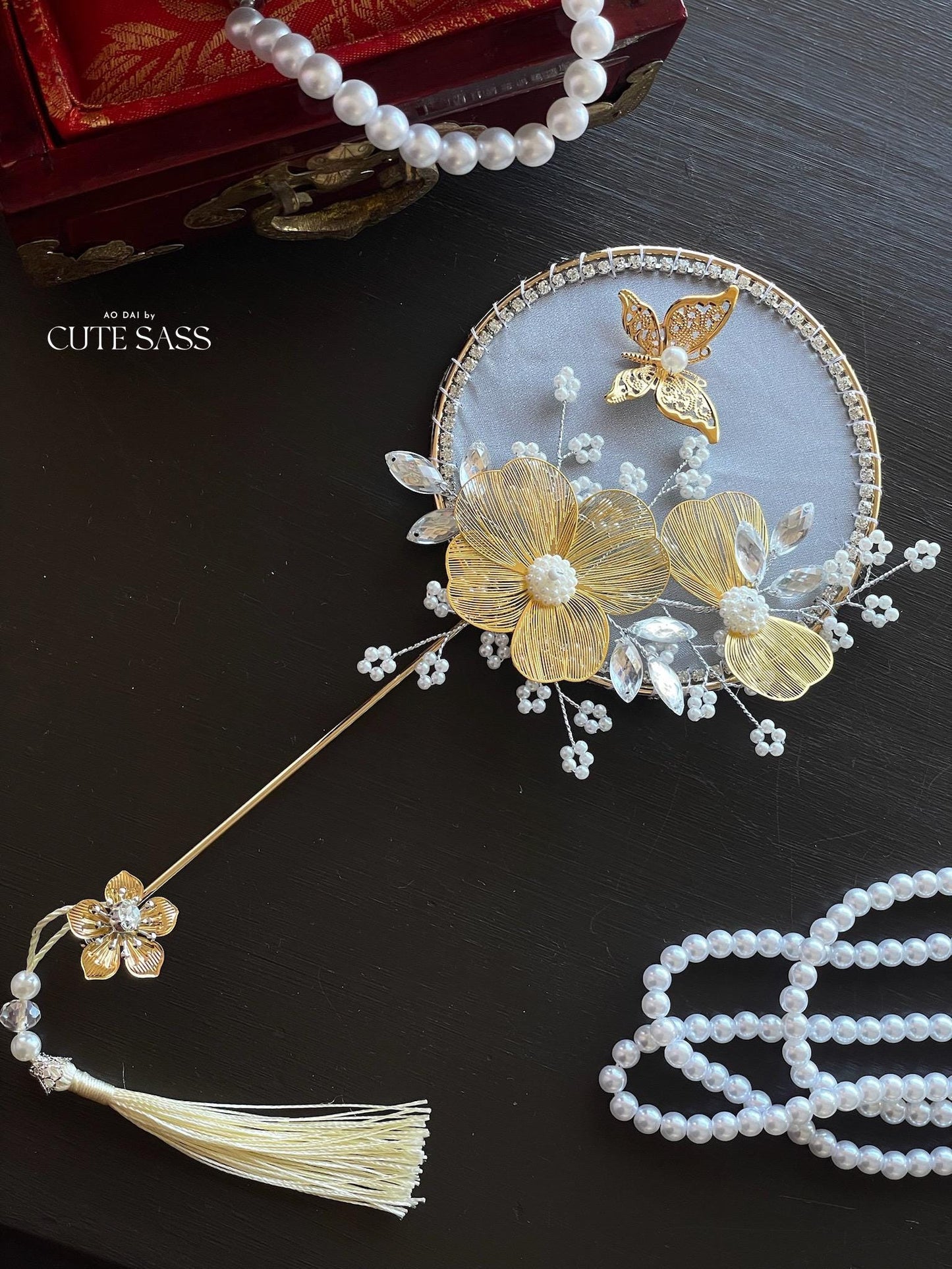 LUNA FLORA Gold Blossom Mini Fan #1| Vietnamese Ao Dai Accessories | Wedding Ao Dai | Bridal Ao Dai| Tet Lunar New Year Headband