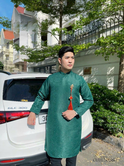 Men Dark Green Gam Ao Dai Top (No Tassel) 7A