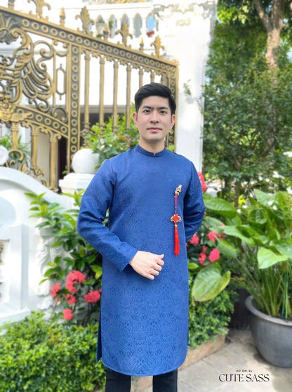 Men Blue Gam Ao Dai Top with Tassel 7A