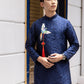 Men Dark Blue Embroidered Phoenix Ao Dai Gam Top