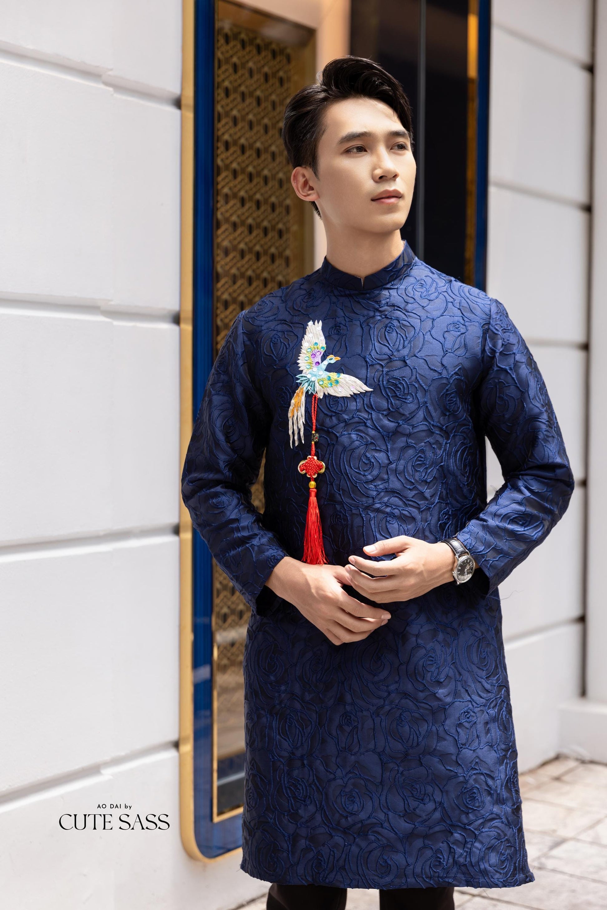 Men Dark Blue Embroidered Phoenix Ao Dai Gam Top