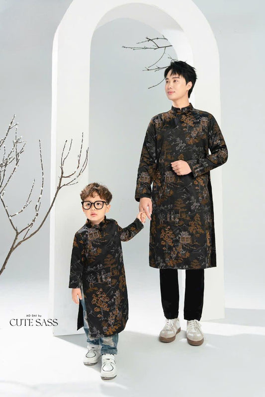 Men and Boy Black Tu Minh Ao Dai Set| Pre-made Vietnamese Ao Dai| Lunar New Year | Ao Dai for Girl, Mom, Dad, Boy | Ao Dai Tet|