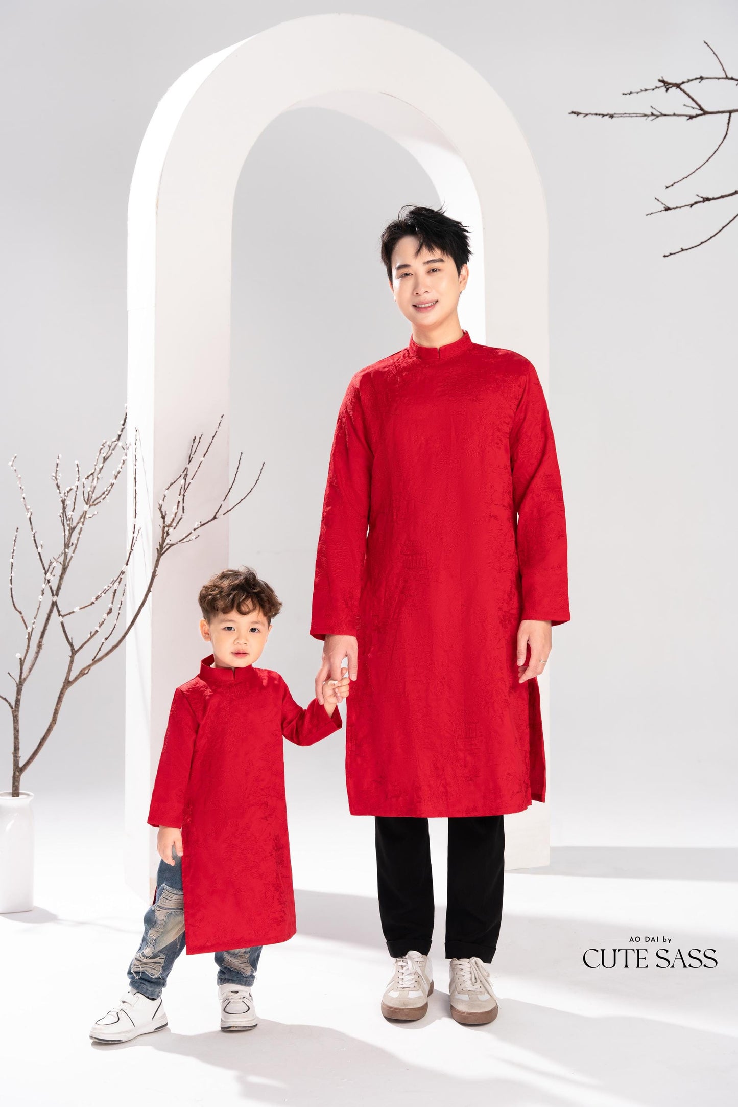 Men and Boy Red Tu Minh Ao Dai Set