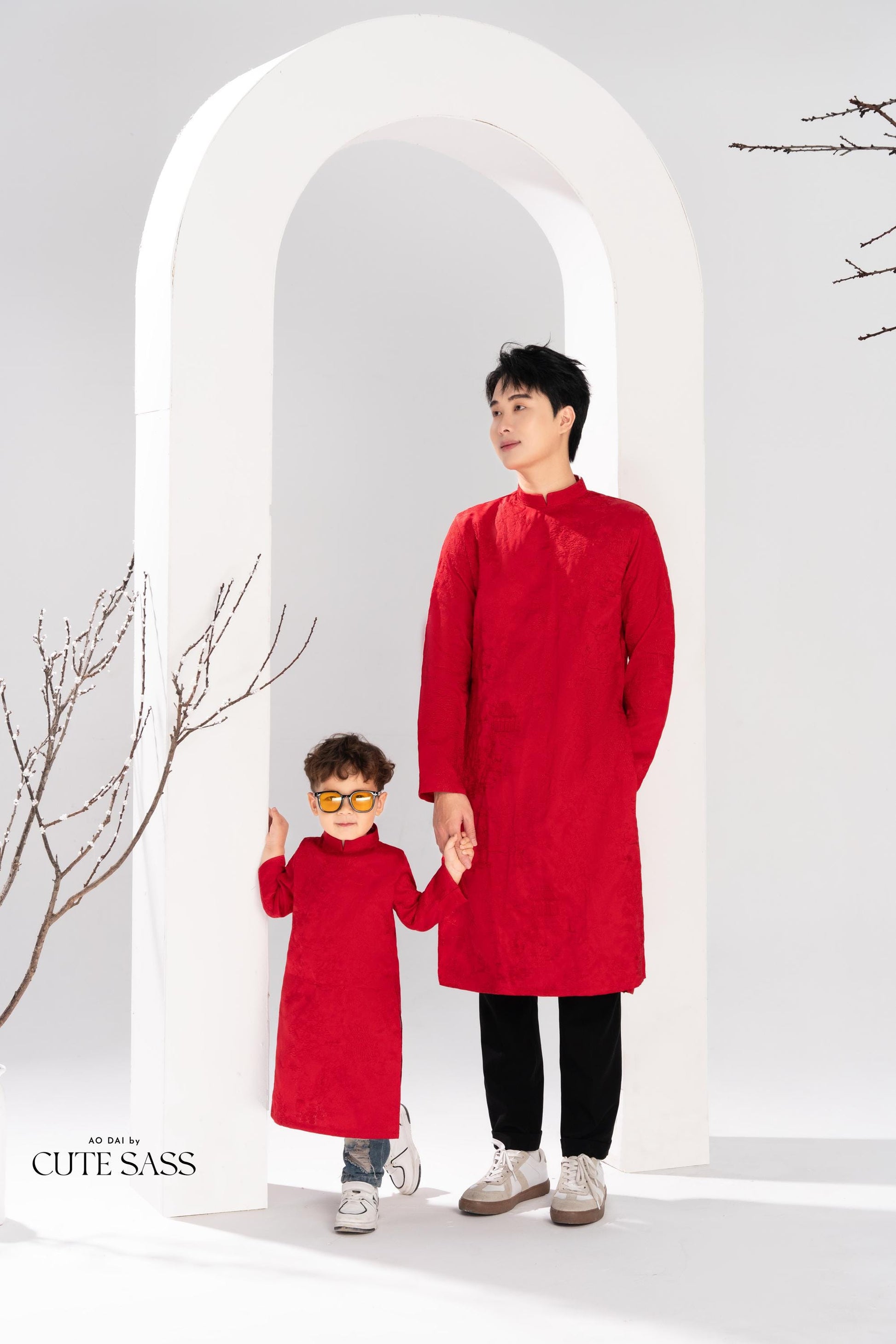 Men and Boy Red Tu Minh Ao Dai Set