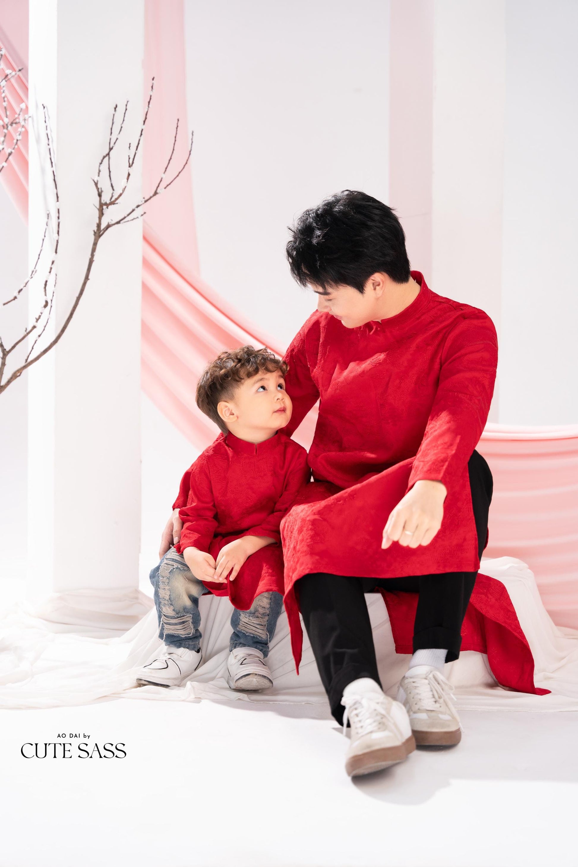 Men and Boy Red Tu Minh Ao Dai Set