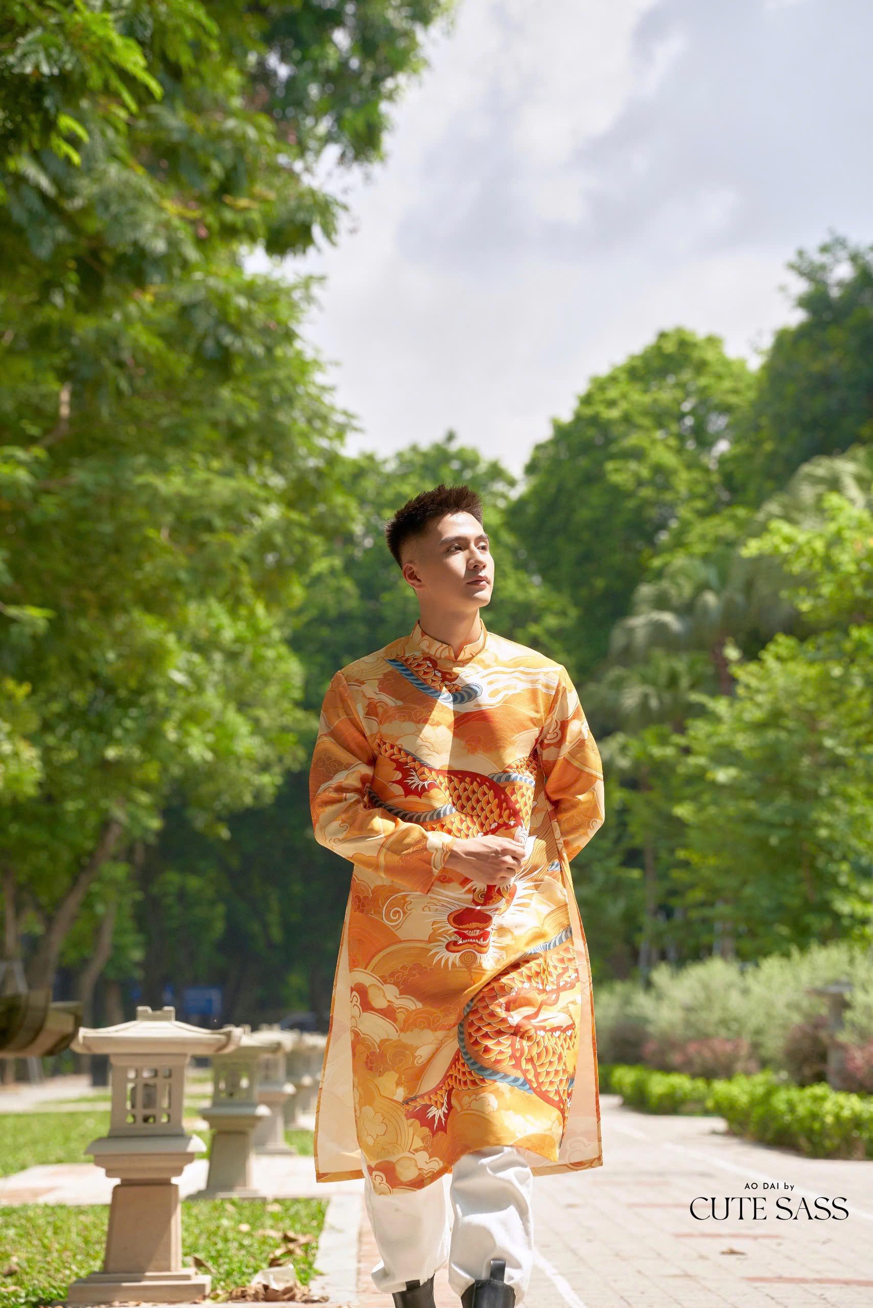 Men Orange Printed Dragon Ao Dai Top| Pre-made Traditional Vietnamese Ao Dai| Lunar New Year | Ao Dai for Dad, Boy | Ao Dai Tet|