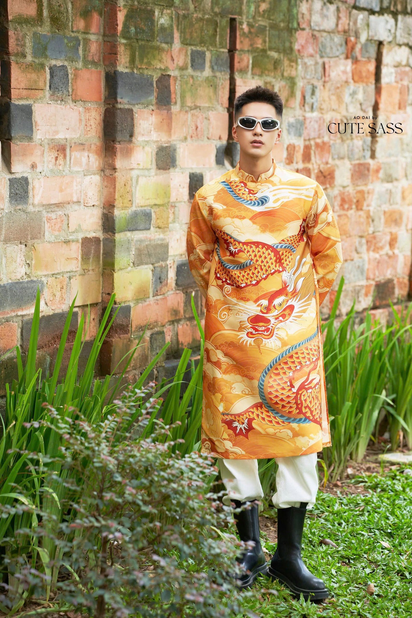 Men Orange Printed Dragon Ao Dai Top| Pre-made Traditional Vietnamese Ao Dai| Lunar New Year | Ao Dai for Dad, Boy | Ao Dai Tet|