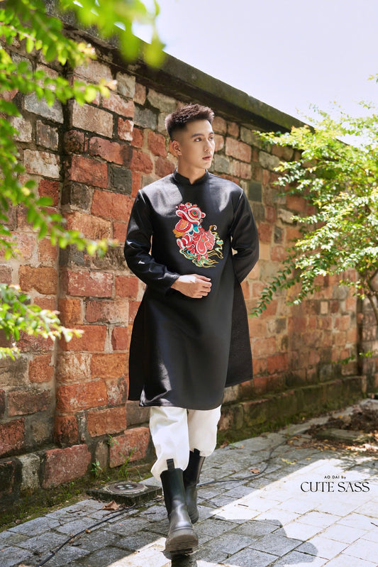 Black Embroidery Lan Ao Dai Top| Pre-made Traditional Vietnamese Ao Dai| Lunar New Year | Ao Dai for Dad, Boy | Ao Dai Tet|