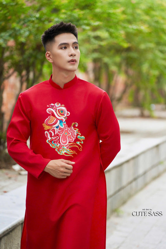 Red Embroidery Lan Ao Dai Top| Pre-made Traditional Vietnamese Ao Dai| Lunar New Year | Ao Dai for Dad, Boy | Ao Dai Tet|