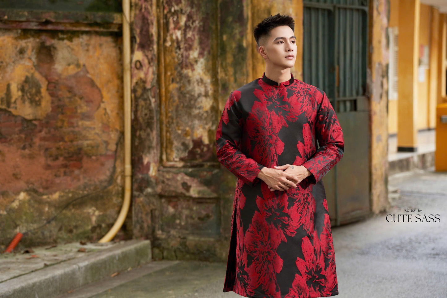 Men Black/Red Eranthis Gam Ao Dai Top | Pre-made Traditional Vietnamese Ao Dai| Lunar New Year | Ao Dai for Dad, Boy|Ao Dai Tet|