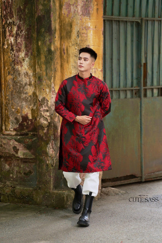 Men Black/Red Eranthis Gam Ao Dai Top | Pre-made Traditional Vietnamese Ao Dai| Lunar New Year | Ao Dai for Dad, Boy|Ao Dai Tet|