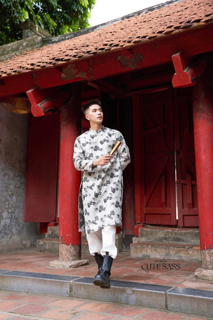 Men Black/White Pennywort Gam Ao Dai Top | Pre-made Traditional Vietnamese Ao Dai| Lunar New Year | Ao Dai for Dad, Boy|Ao Dai Tet|