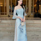 Blue Mesh Shoulder Flared Sleeves Ao Dai Set