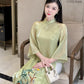 Green Bamboo Embroidery Chiffon Ao Dai Set | Pre-made Traditional Vietnamese Ao Dai|Ao Dai with Pants|Lunar New Year Ao Dai|