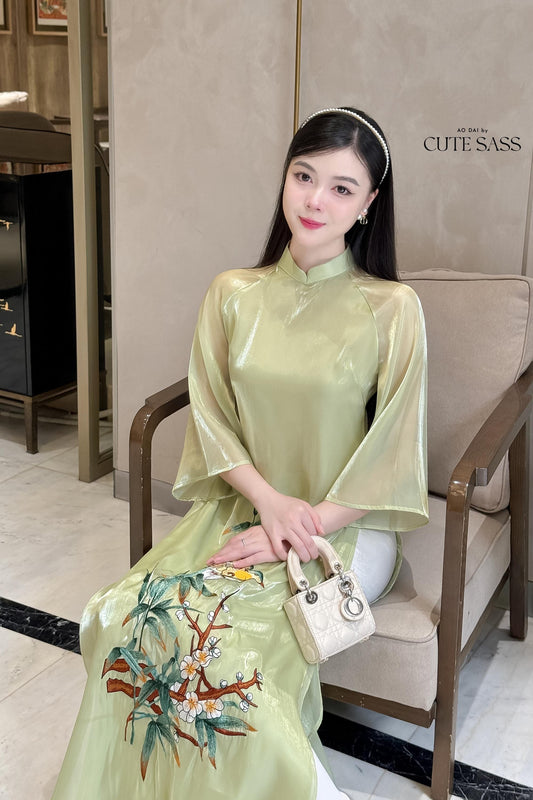 Green Bamboo Embroidery Chiffon Ao Dai Set | Pre-made Traditional Vietnamese Ao Dai|Ao Dai with Pants|Lunar New Year Ao Dai|