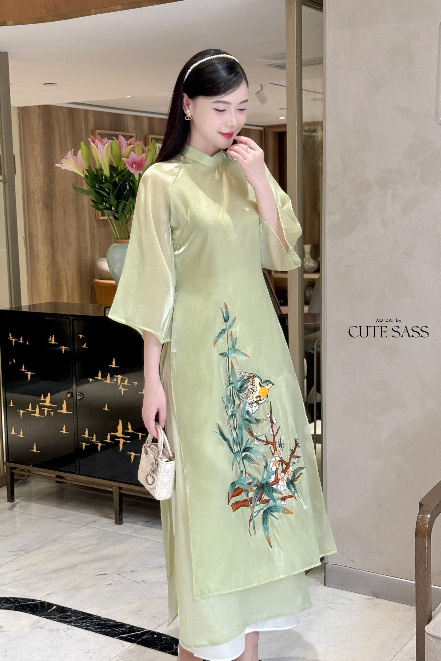 Green Bamboo Embroidery Chiffon Ao Dai Set | Pre-made Traditional Vietnamese Ao Dai|Ao Dai with Pants|Lunar New Year Ao Dai|