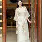 Cream Orchid Embroidery Chiffon Ao Dai Set | Pre-made Traditional Vietnamese Ao Dai|Ao Dai with Pants|Lunar New Year Ao Dai|