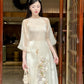 Cream Orchid Embroidery Chiffon Ao Dai Set | Pre-made Traditional Vietnamese Ao Dai|Ao Dai with Pants|Lunar New Year Ao Dai|