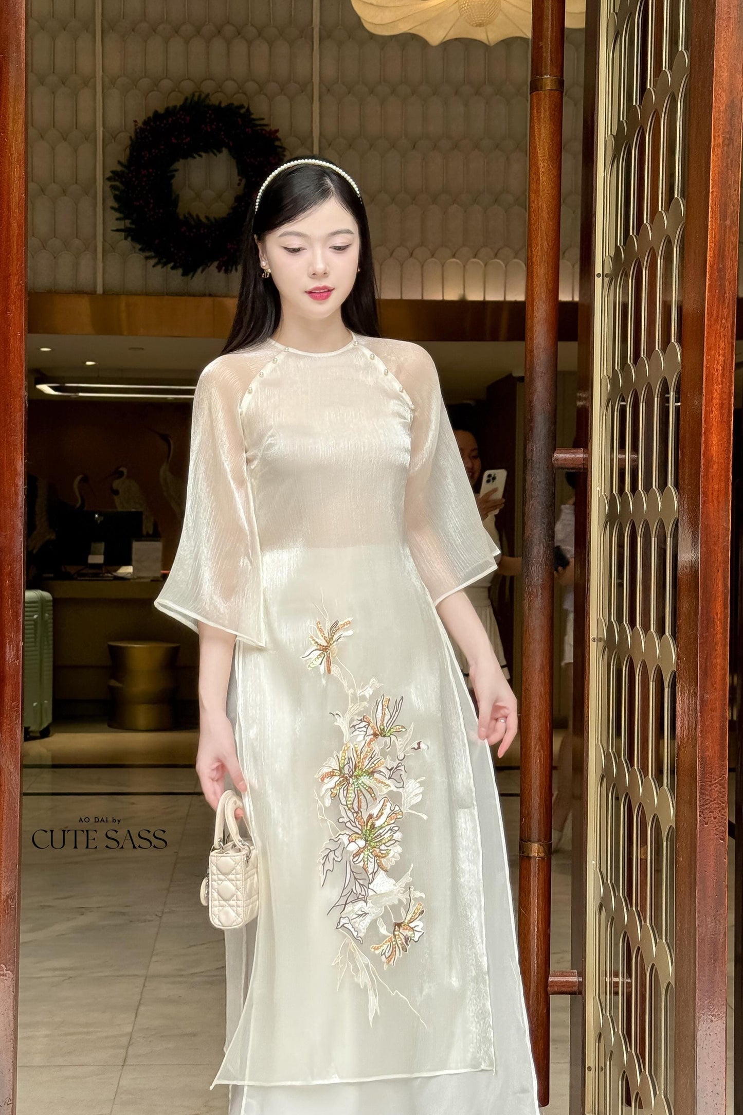 Cream Orchid Embroidery Chiffon Ao Dai Set | Pre-made Traditional Vietnamese Ao Dai|Ao Dai with Pants|Lunar New Year Ao Dai|