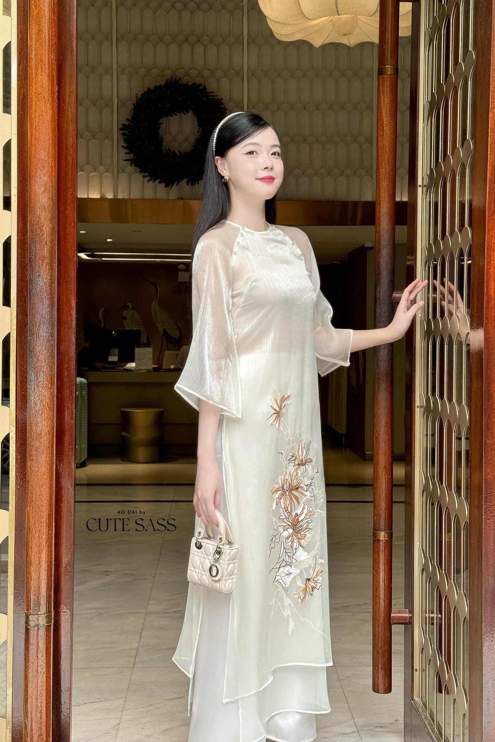 Cream Orchid Embroidery Chiffon Ao Dai Set | Pre-made Traditional Vietnamese Ao Dai|Ao Dai with Pants|Lunar New Year Ao Dai|