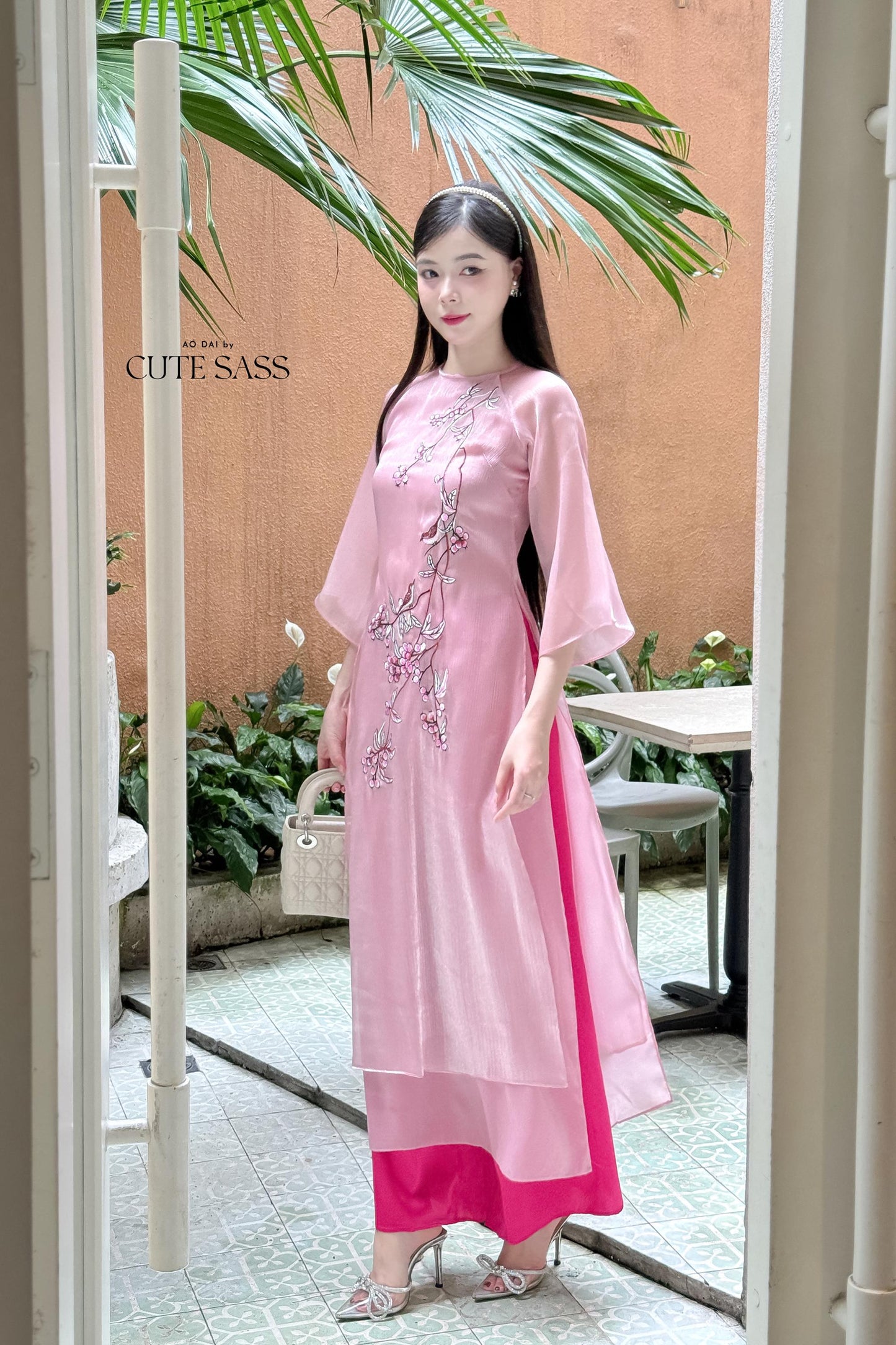 Pink Holly Embroidery Chiffon Ao Dai Set | Pre-made Traditional Vietnamese Ao Dai|Ao Dai with Pants|Lunar New Year Ao Dai|