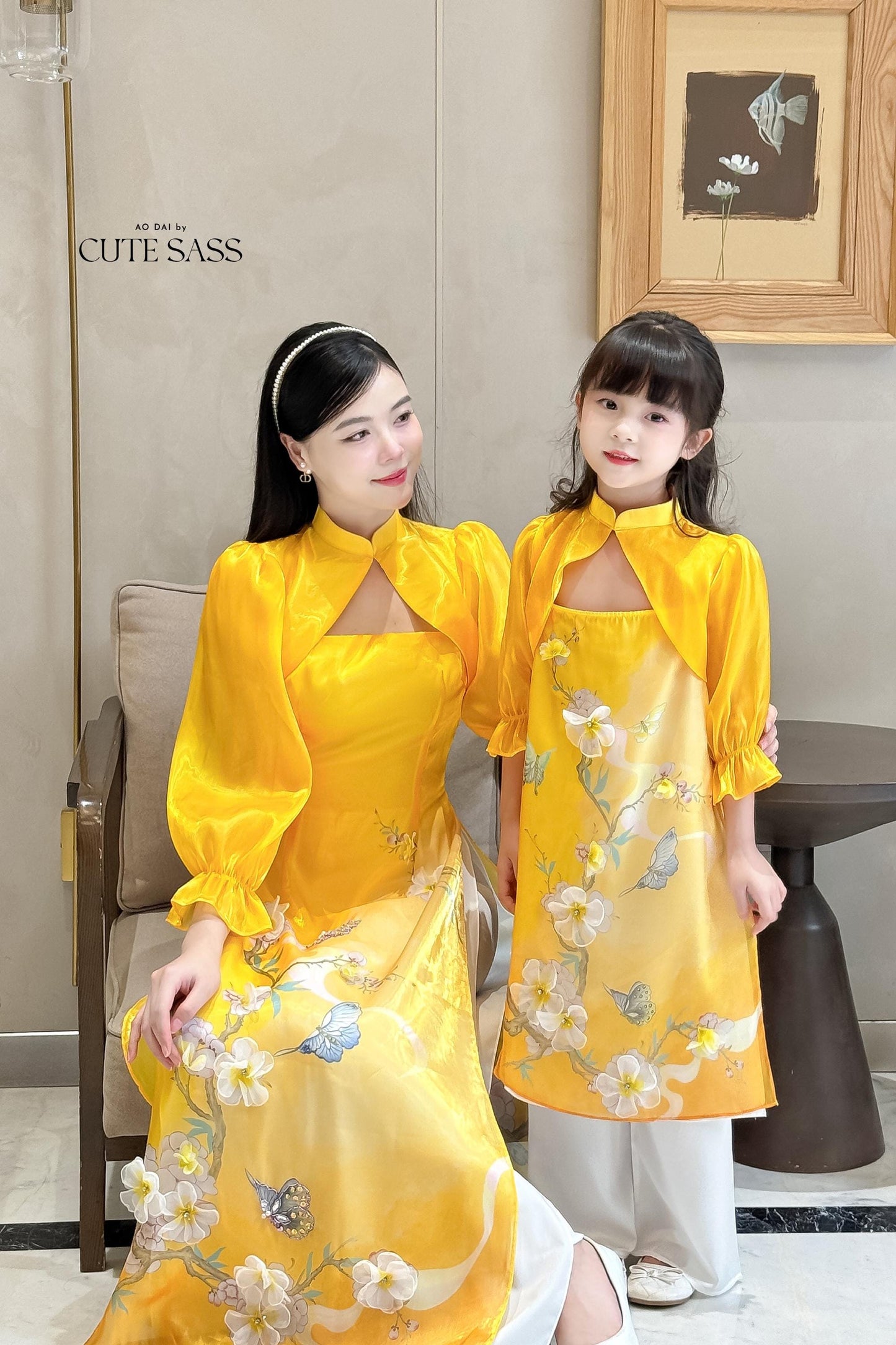 Mom and Daughter Yellow Cut Out Long Sleeves Ao Dai Set 31-32D| Pre-made Traditional Vietnamese Ao Dai | Lunar New Year |