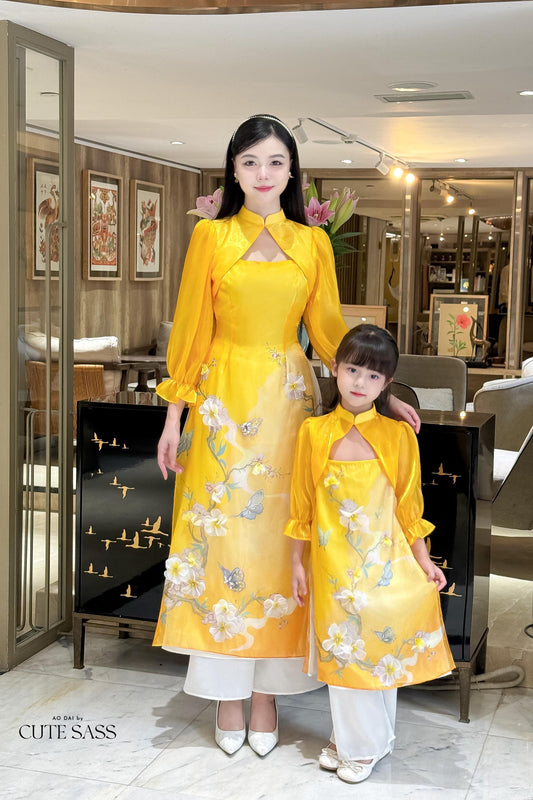 Mom and Daughter Yellow Cut Out Long Sleeves Ao Dai Set 31-32D| Pre-made Traditional Vietnamese Ao Dai | Lunar New Year |