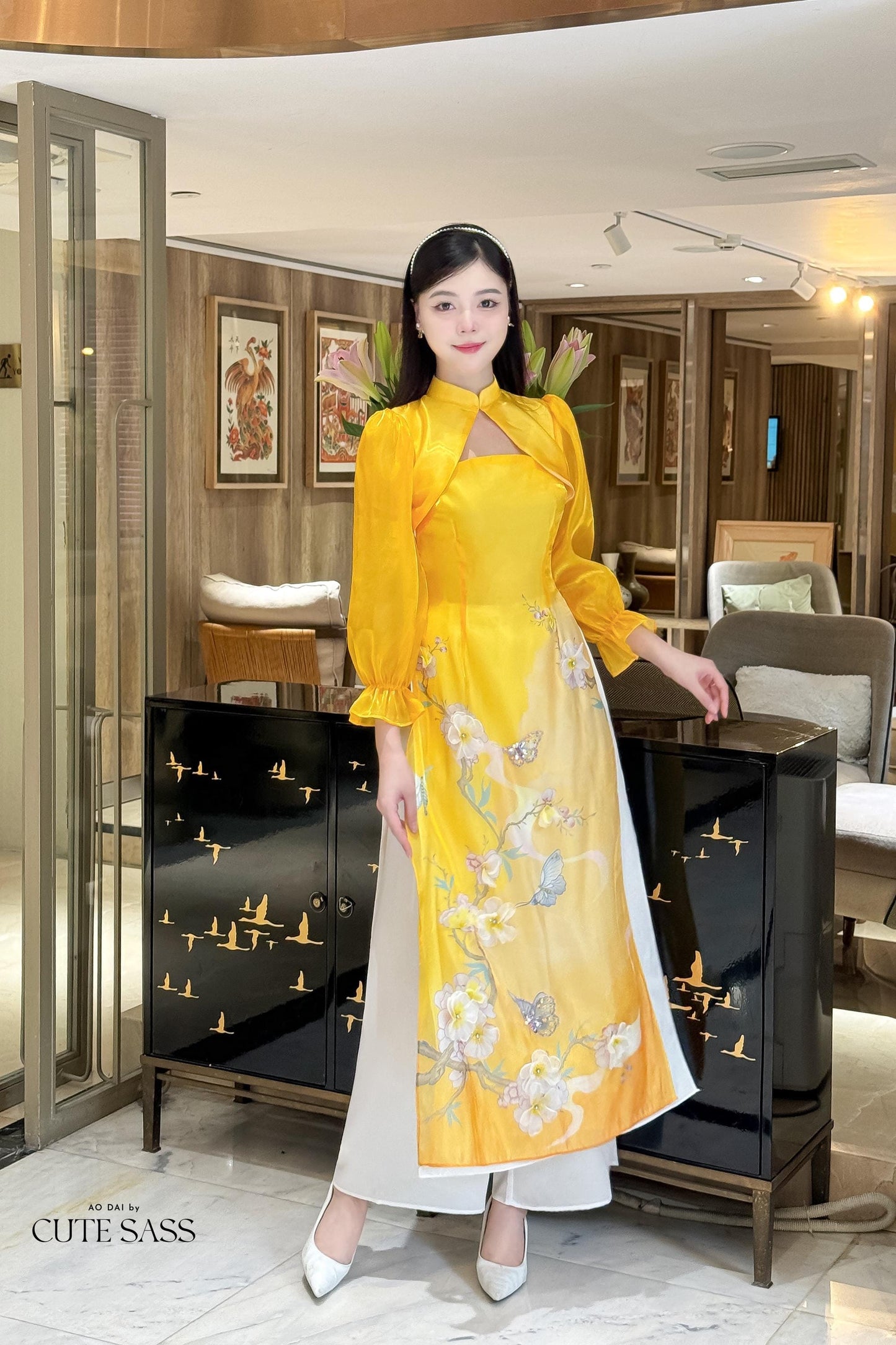 Mom and Daughter Yellow Cut Out Long Sleeves Ao Dai Set 31-32D| Pre-made Traditional Vietnamese Ao Dai | Lunar New Year |