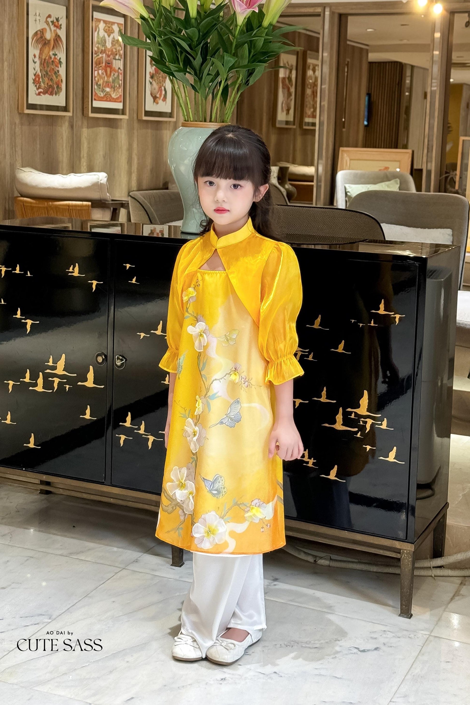 Mom and Daughter Yellow Cut Out Long Sleeves Ao Dai Set 31-32D| Pre-made Traditional Vietnamese Ao Dai | Lunar New Year |