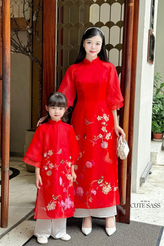 Mom and Daughter Red Sparrow Ao Dai Set 5B| Pre-made Traditional Vietnamese Ao Dai | Lunar New Year |