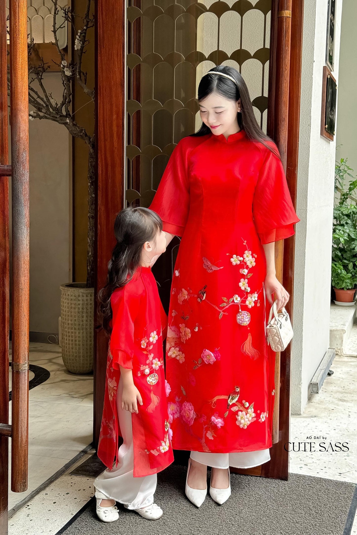 Mom and Daughter Red Sparrow Ao Dai Set 5B| Pre-made Traditional Vietnamese Ao Dai | Lunar New Year |