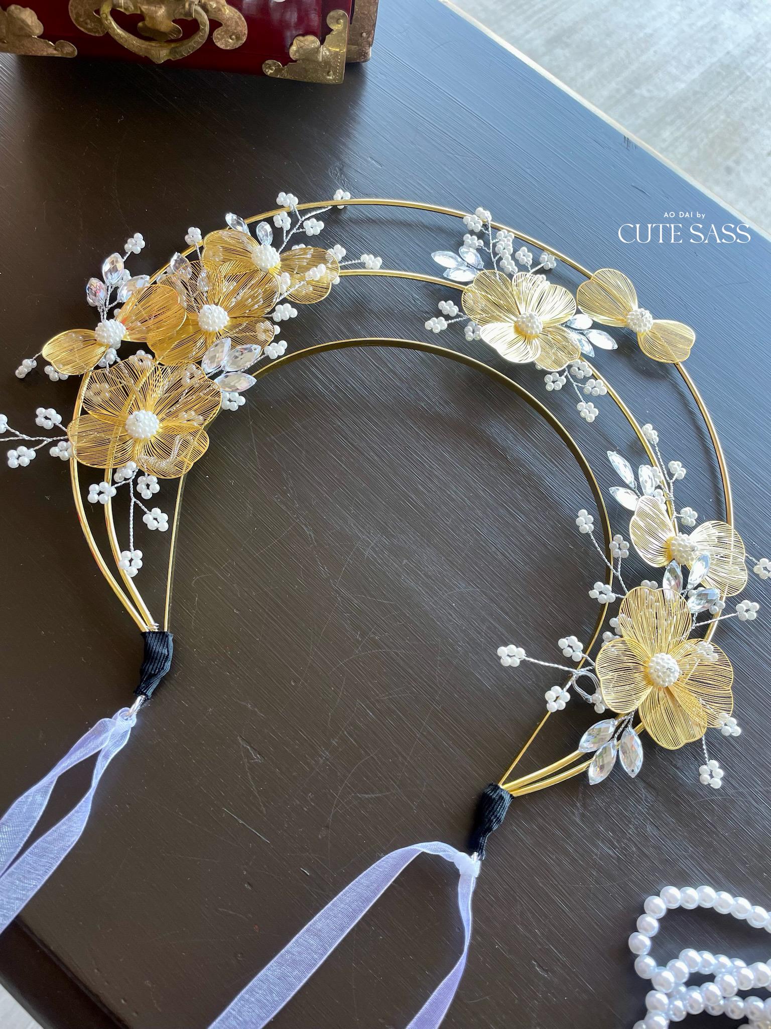 LUNA FLORA Gold Blossom Head Piece #7 | Vietnamese Ao Dai Accessories | Wedding Ao Dai | Bridal Ao Dai| Tet Lunar New Year Headband