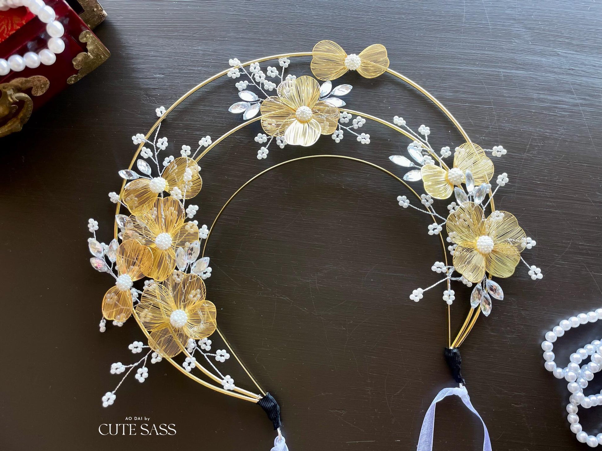 LUNA FLORA Gold Blossom Head Piece #7 | Vietnamese Ao Dai Accessories | Wedding Ao Dai | Bridal Ao Dai| Tet Lunar New Year Headband